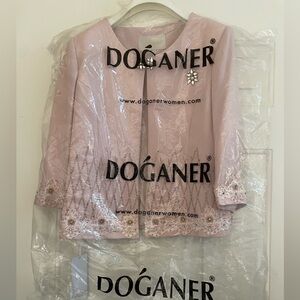 DOGANER Women’s 2-Piece Jacket & Vest Set Pink Beaded Lace Trim Size‎ 46 New